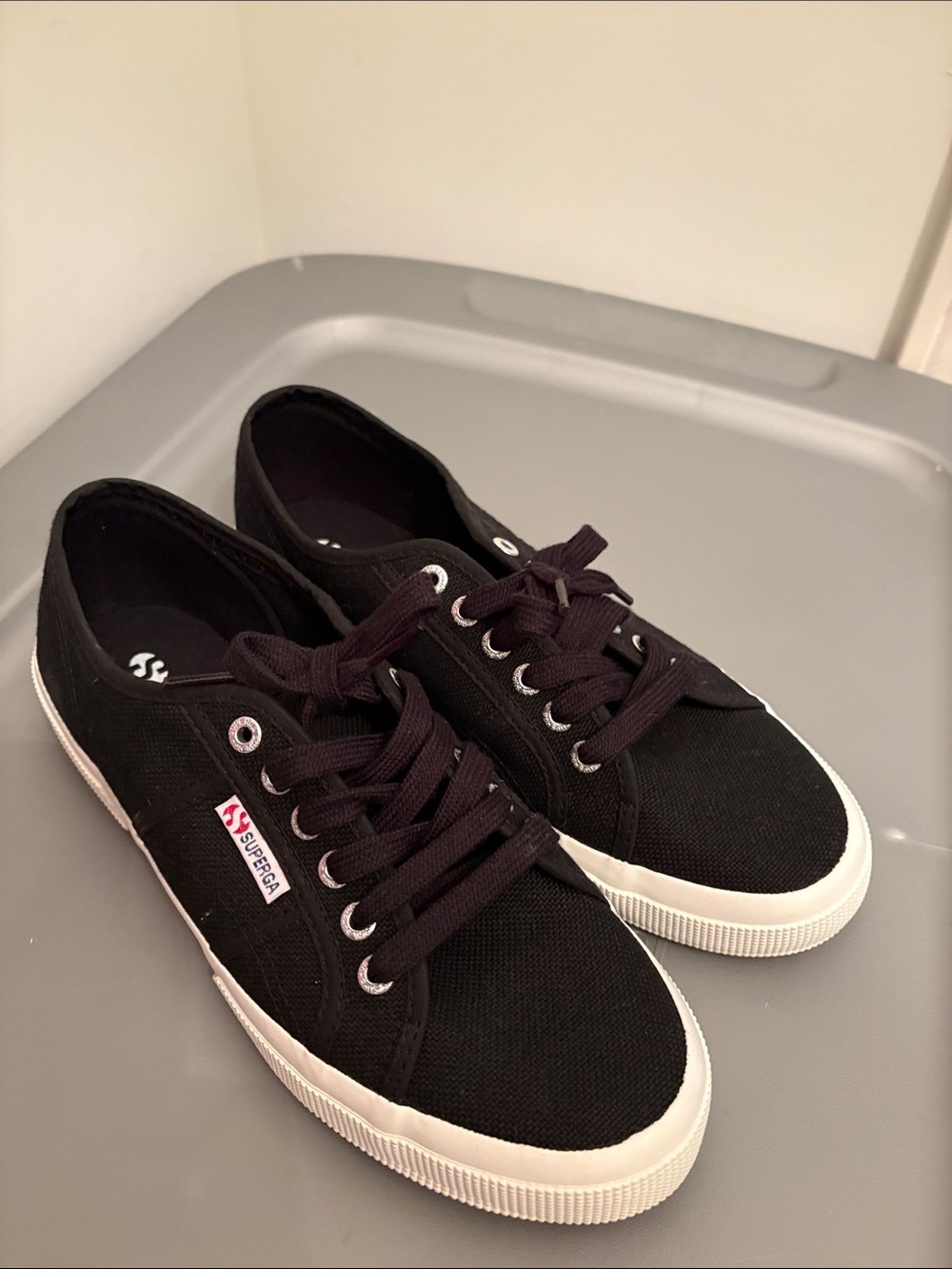 Superga Black Canvas Lace-Up Sneakers with White Sole